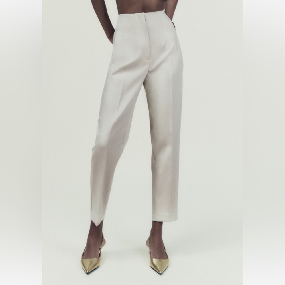 NWT ZARA High-waisted dress pants slacks straight ankle oyster white cream XS